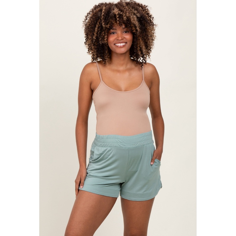 Light Olive Basic Rounded Hem Maternity Shorts