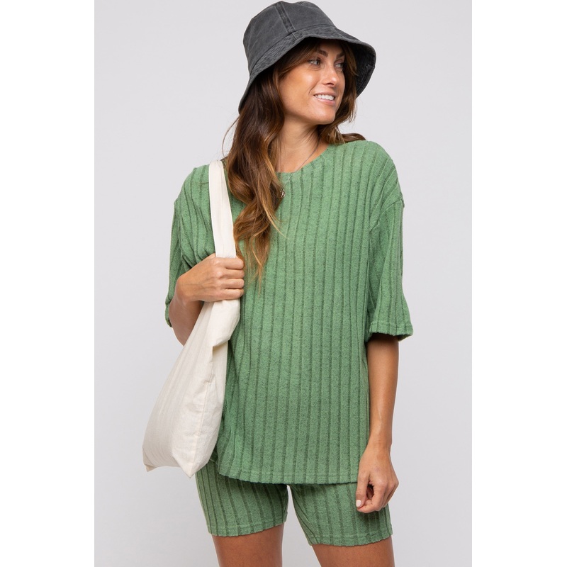 Light Olive Ribbed Soft Short Sleeve Shorts Set