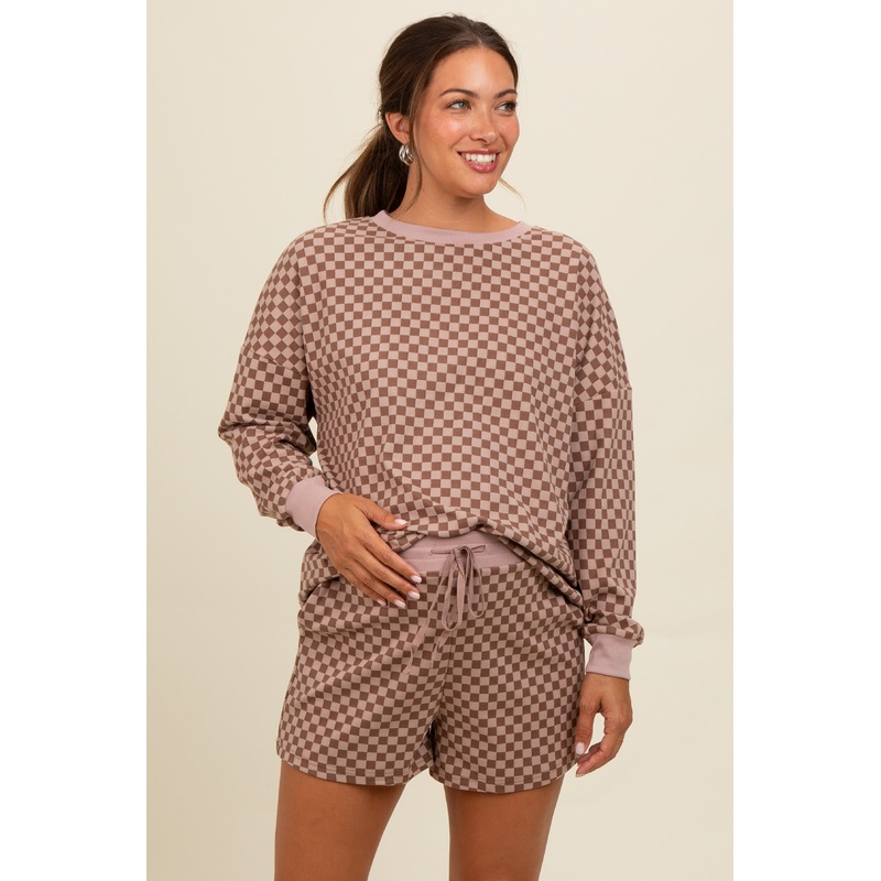 Mocha Checkered Plaid Pullover Shorts Maternity Set