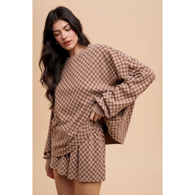 Mocha Checkered Plaid Pullover Shorts Set