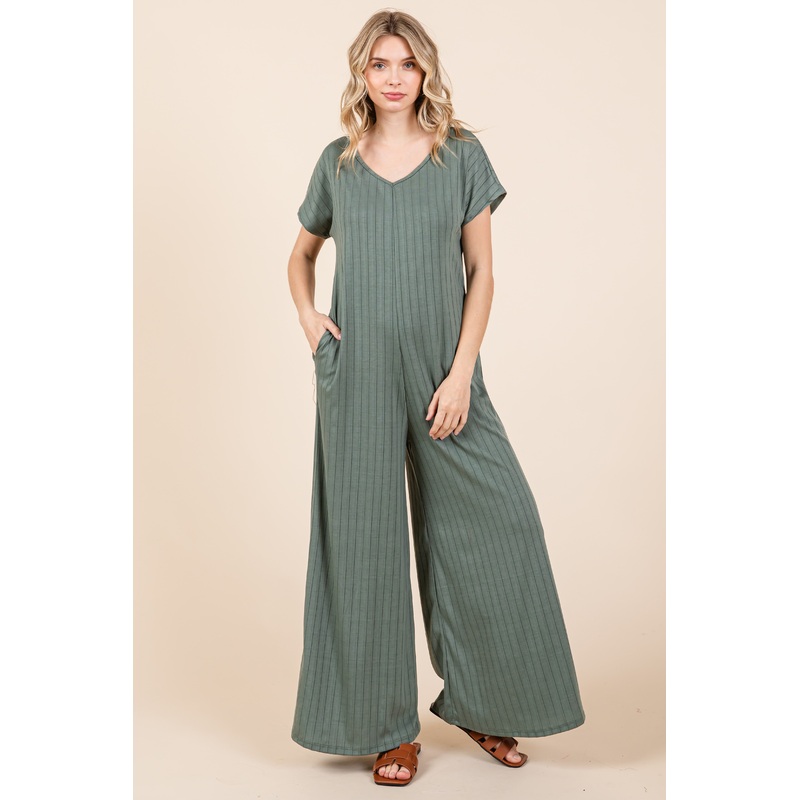 Olive Ribbed Wide Leg Jumpsuit
