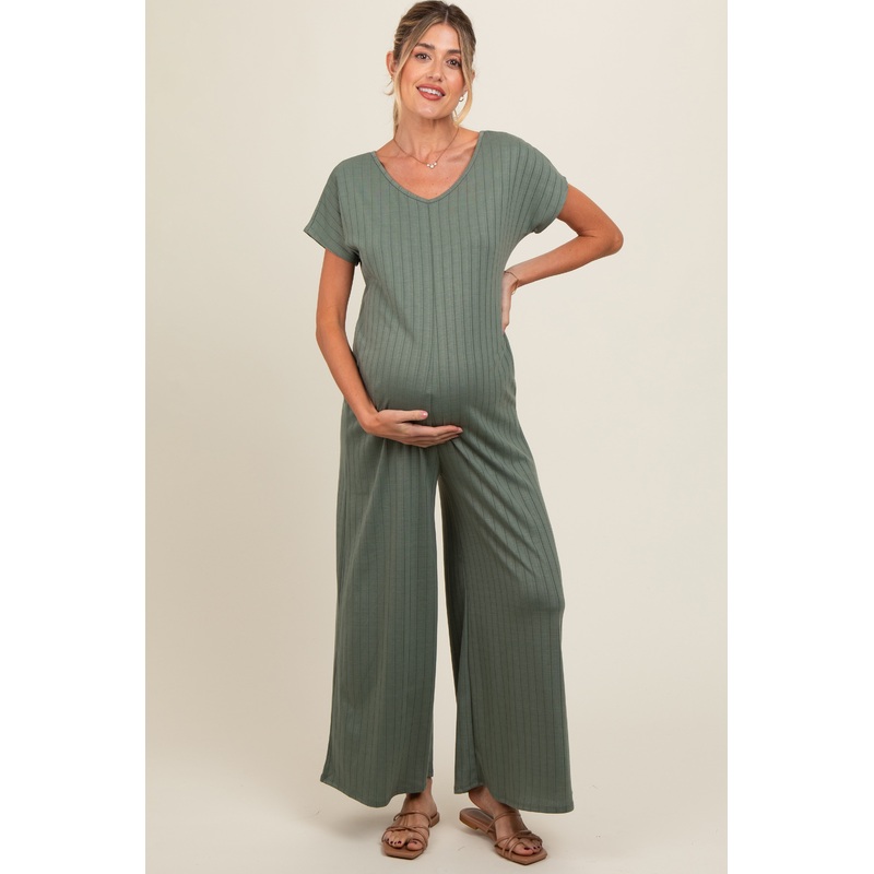 Olive Ribbed Wide Leg Maternity Jumpsuit
