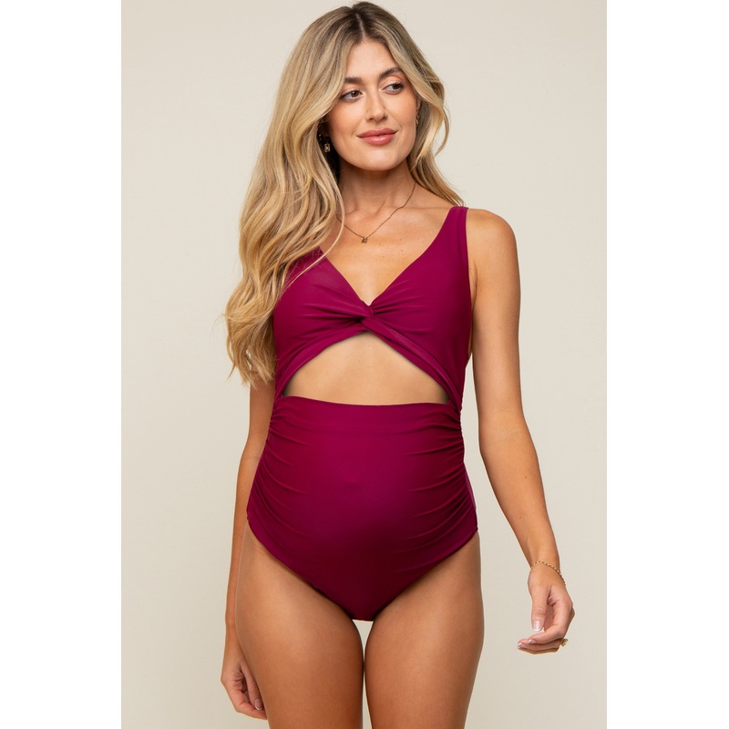 Plum Ruched Sides Front Cutout Maternity One Piece Swimsuit