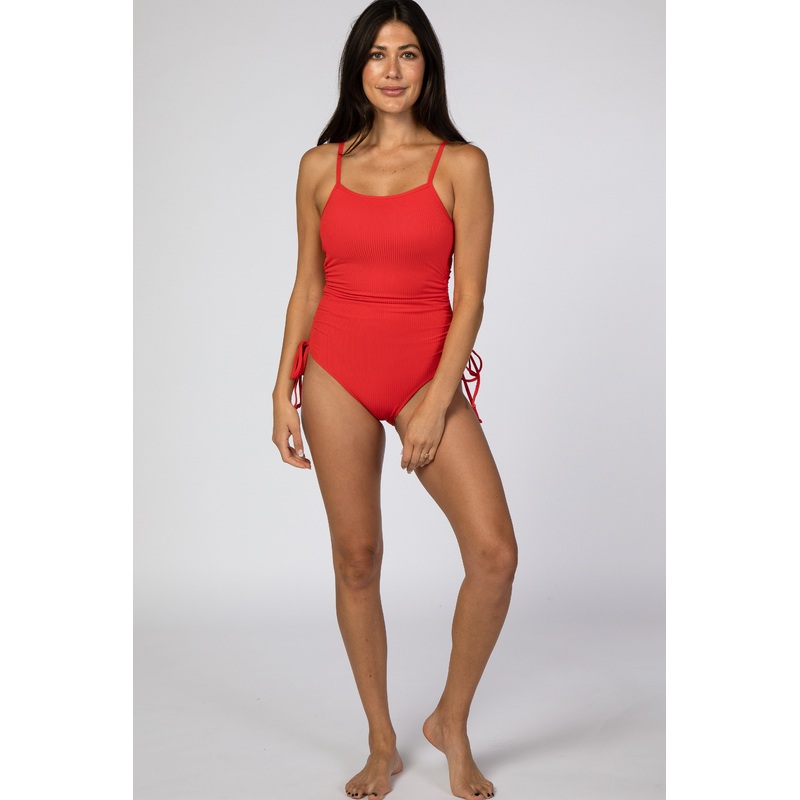 Red Ribbed Side Tie One-Piece Swimsuit