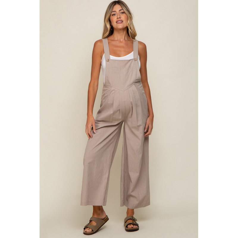 Taupe Front Pocket Pleated Linen Maternity Overall