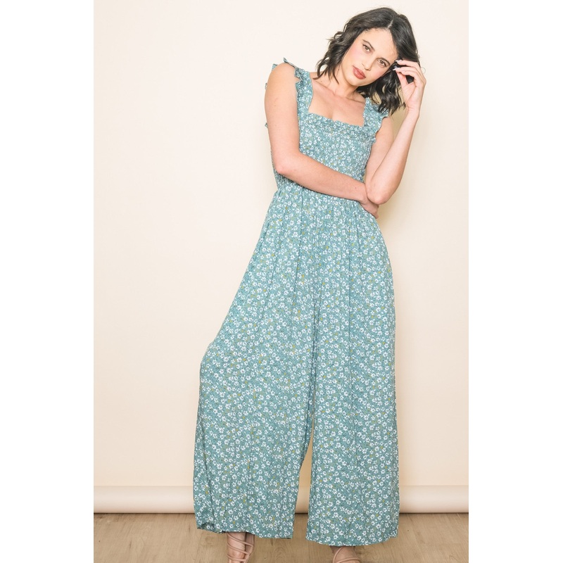 Teal Floral Flowy Jumpsuit