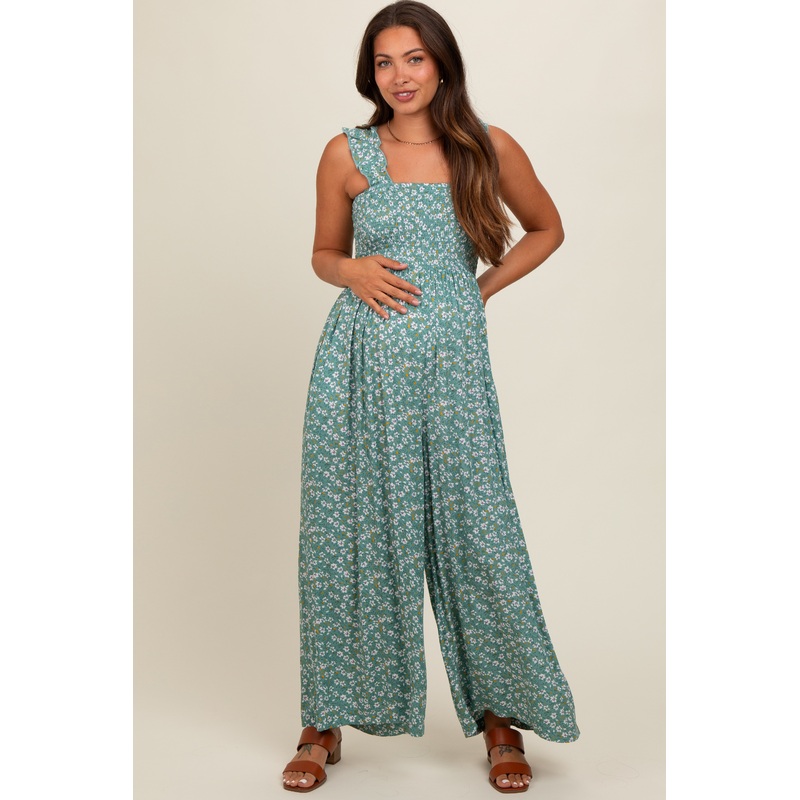 Teal Floral Flowy Maternity Jumpsuit