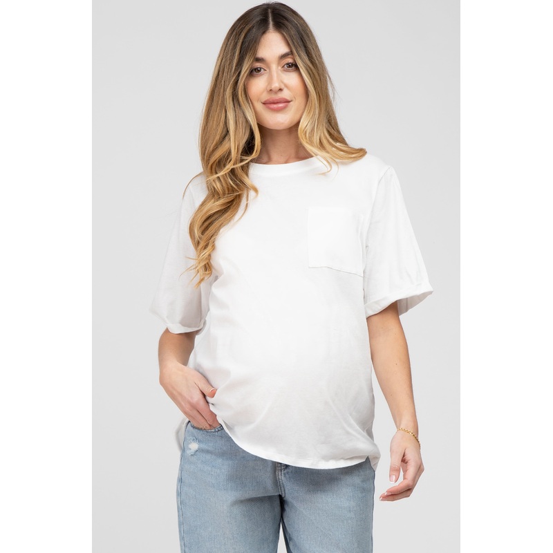 White Oversized Pocket Front Short Sleeve Maternity Top