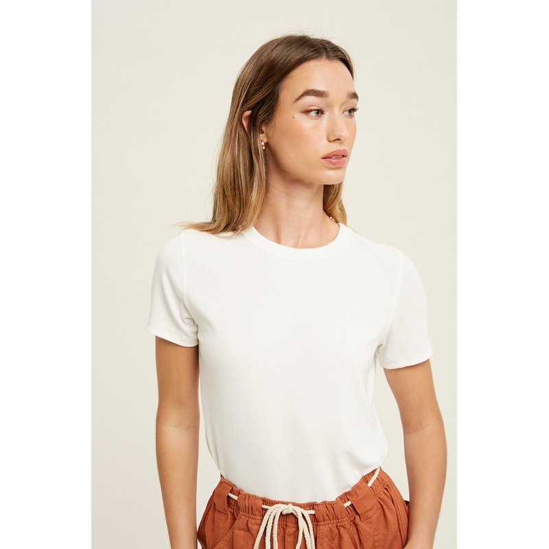 White Ribbed Short Sleeve Curved Hem Top