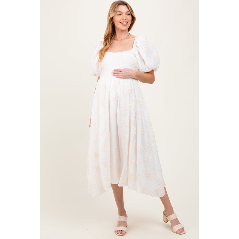 White Textured Maternity Midi Dress