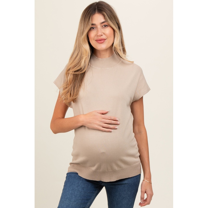 Beige Mock Neck Knit Maternity Top