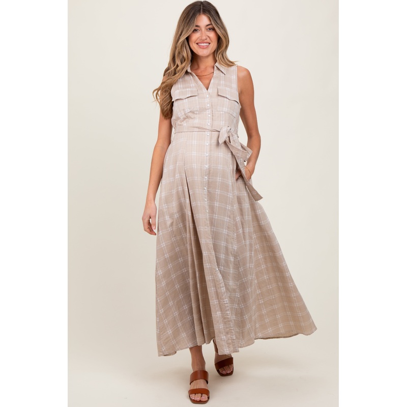Beige Plaid Sleeveless Sash Tie Maternity Shirt Dress