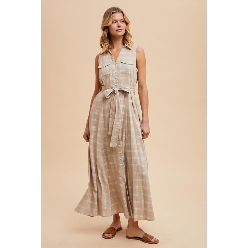 Beige Plaid Sleeveless Sash Tie Shirt Dress