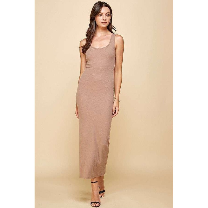 Beige Ribbed Basic Maxi Dress