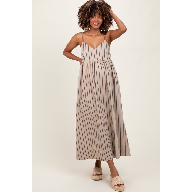 Beige Striped Linen Blend Maternity Maxi Dress