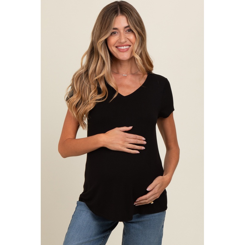 Black Basic V-Neck Short Sleeve Maternity Top