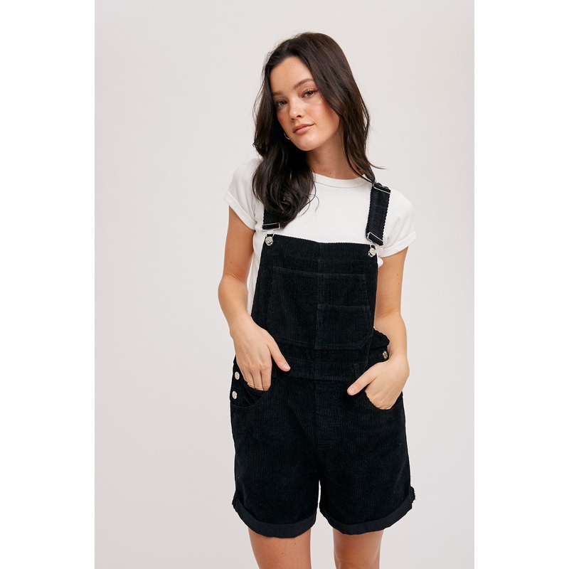 Black Corduroy Short Overalls