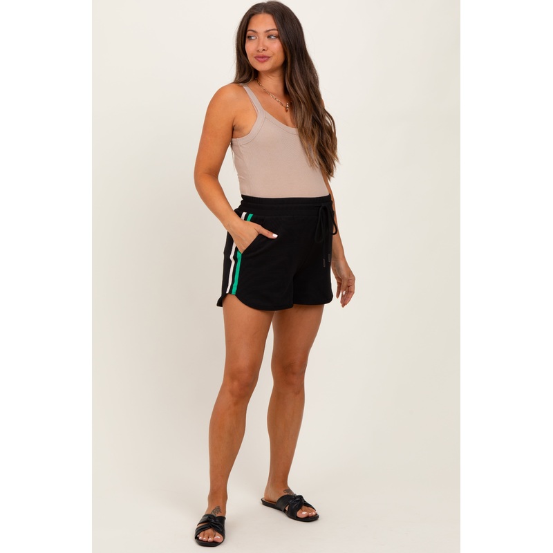 Black Drawstring Stripe Detail Maternity Shorts