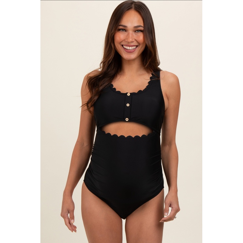 Black Scalloped Cutout Ruched Maternity One Piece Swimsuit