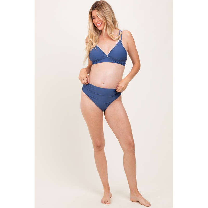 Blue Crochet Detail Double Strap Maternity Bikini Set