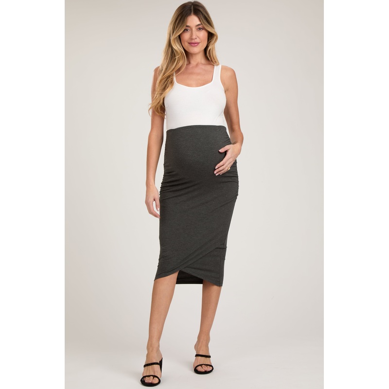 Charcoal Ruched Maternity Wrap Pencil Skirt