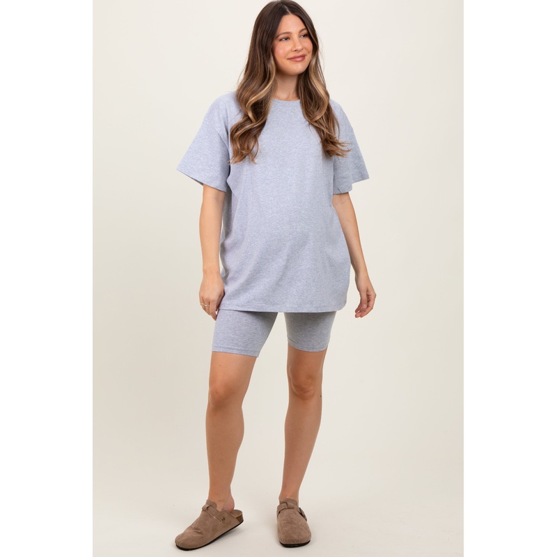 Heather Grey Biker Shorts Maternity Set