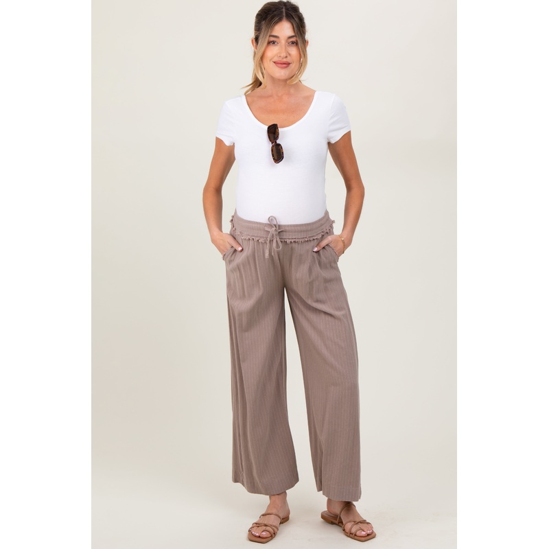 Mocha Striped Drawstring Linen Blend Maternity Wide Leg Pants