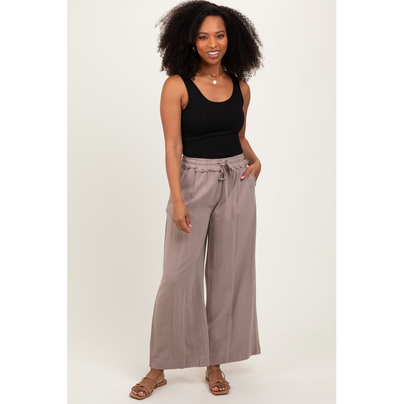 Mocha Striped Drawstring Linen Blend Wide Leg Pants