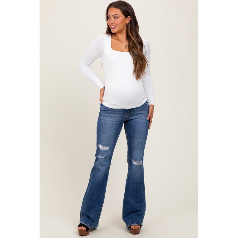 Navy Blue Distressed Maternity Flare Jeans