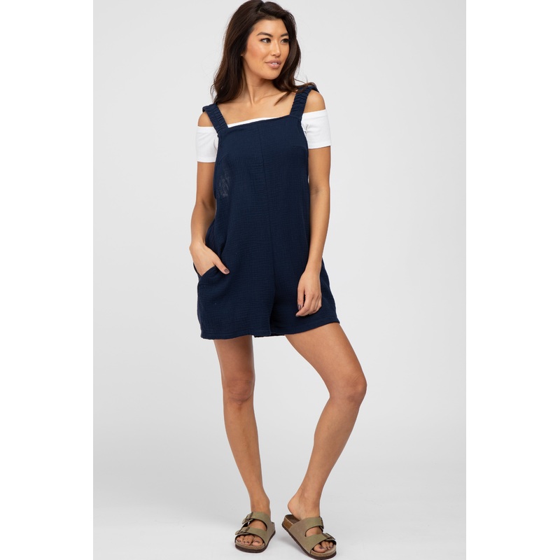 Navy Blue Square Neck Elastic Strap Romper