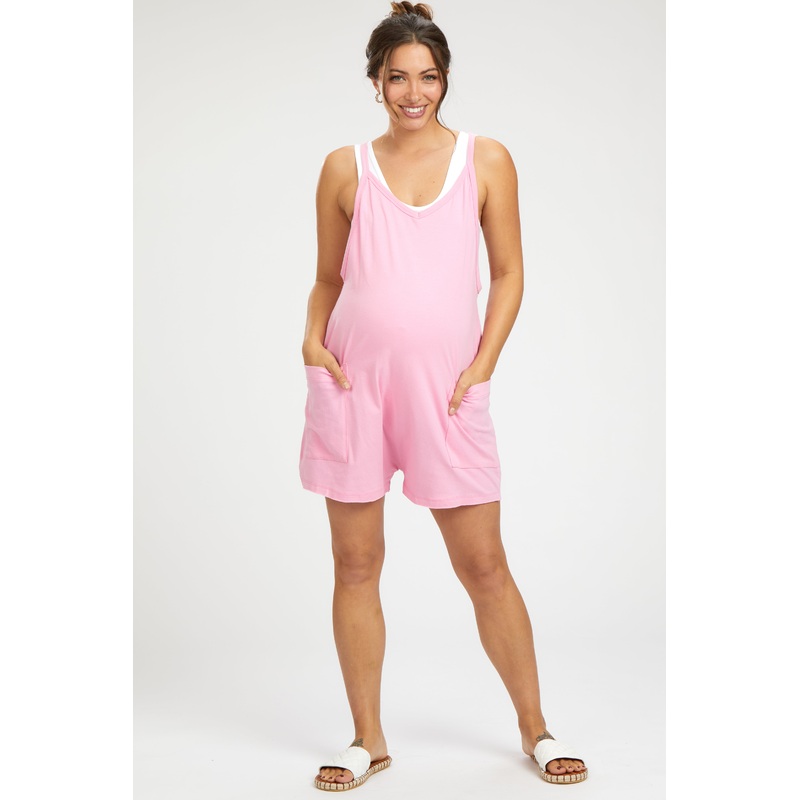 Pink Basic V-Neck Maternity Romper