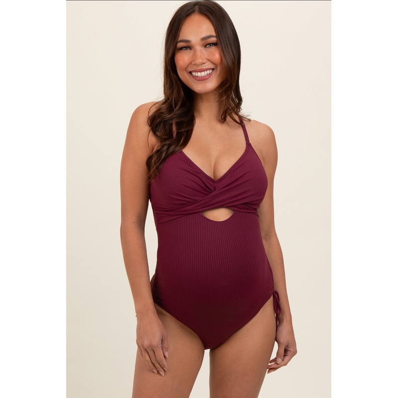 Plum Ribbed Wrap Front Drawstring Side Maternity One-Piece Swimsuit