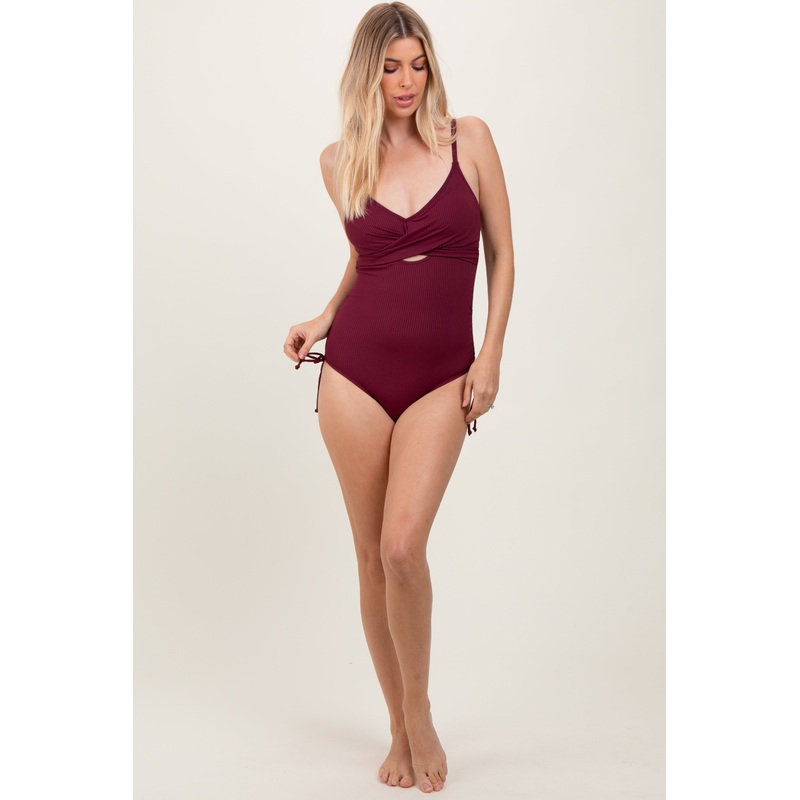 Plum Ribbed Wrap Front Drawstring Side One-Piece Swimsuit