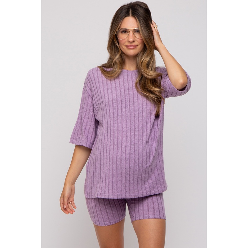 Purple Ribbed Soft Short Sleeve Maternity Shorts Set