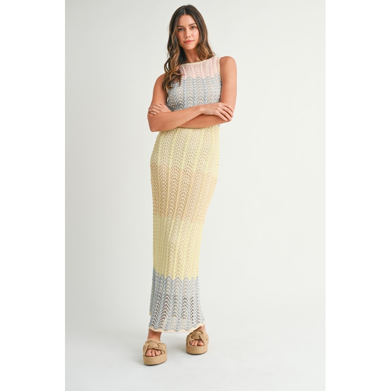 Yellow Colorblock Crochet Knit Open Tie Back Maxi Dress