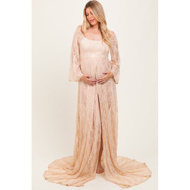 Beige Lace Long Sleeve Off Shoulder Slit Draped Maternity Photoshoot Dress