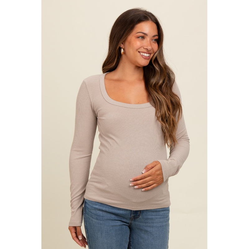 Beige Ribbed Square Neck Long Sleeve Maternity Top