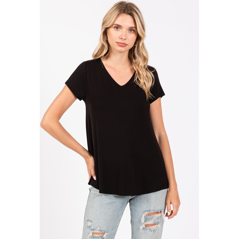 Black Basic V-Neck Short Sleeve Top