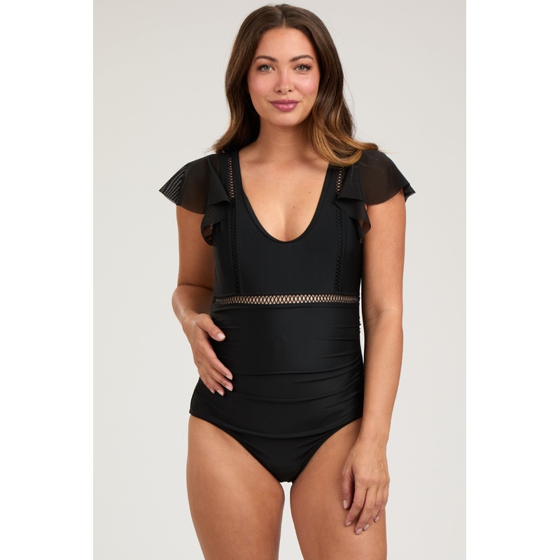 Black Crochet Detail Ruched Maternity One Piece Swimsuit