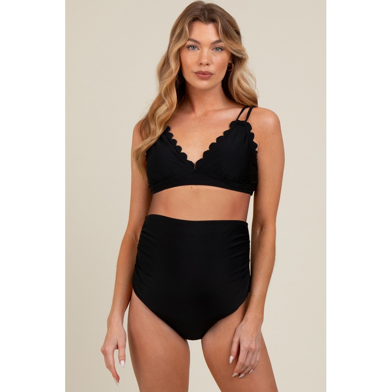 Black Scalloped V-Neck High Waist Two-Piece Maternity Swimsuit