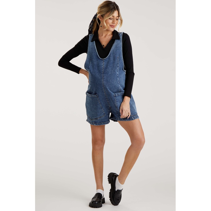 Blue Denim Scoop Neck Maternity Short Overall