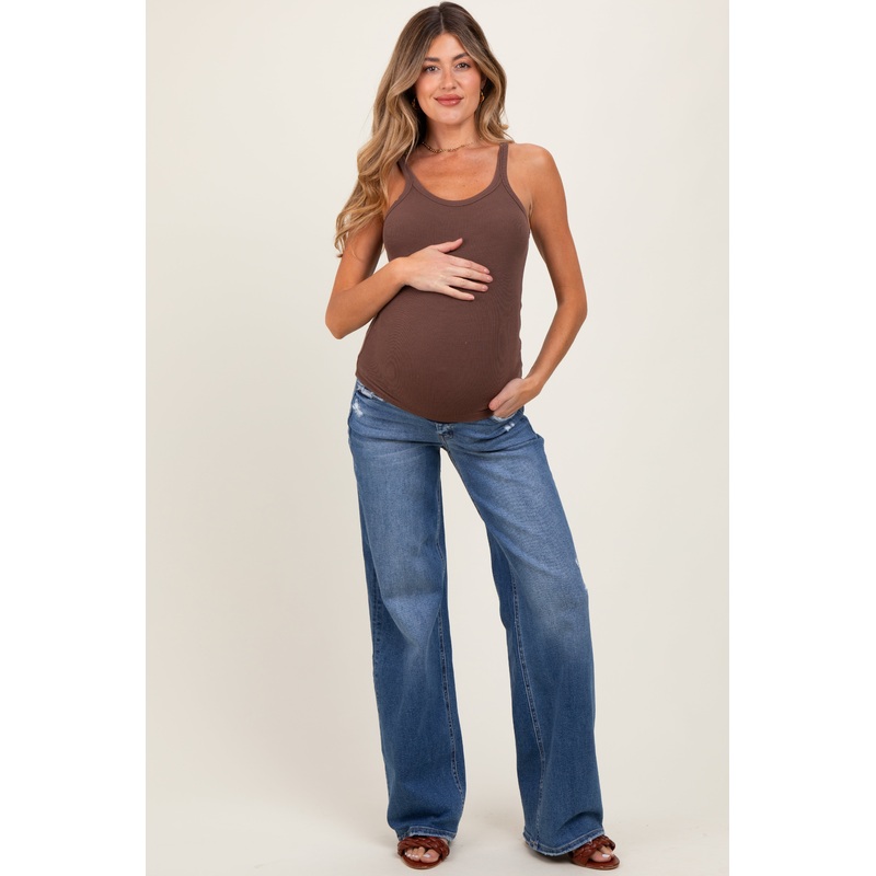 Blue Lightly Distressed Wide Leg Maternity Jeans