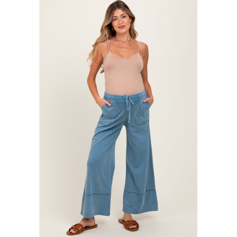 Blue Mineral Wash Wide Leg Ankle Maternity Pants
