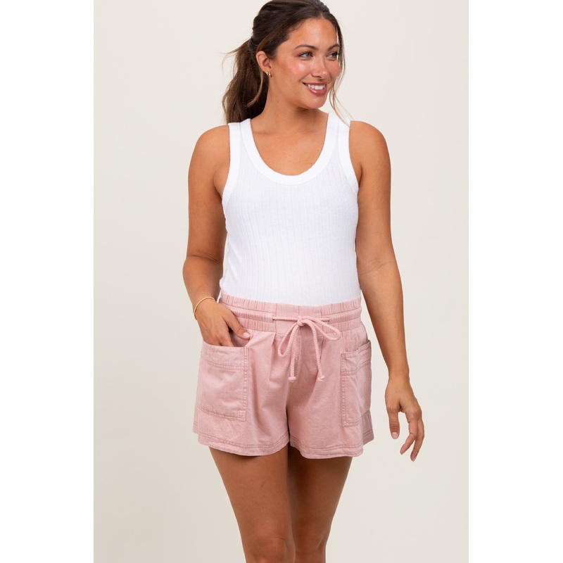 Light Pink Chambray Drawstring Front Pocket Maternity Shorts