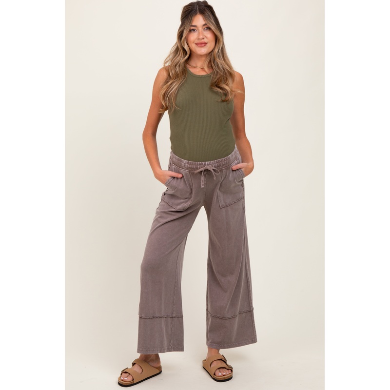 Mocha Mineral Wash Wide Leg Ankle Maternity Pants