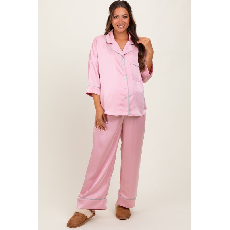 Pink Satin Contrast Trim Pajama Pant Maternity Set