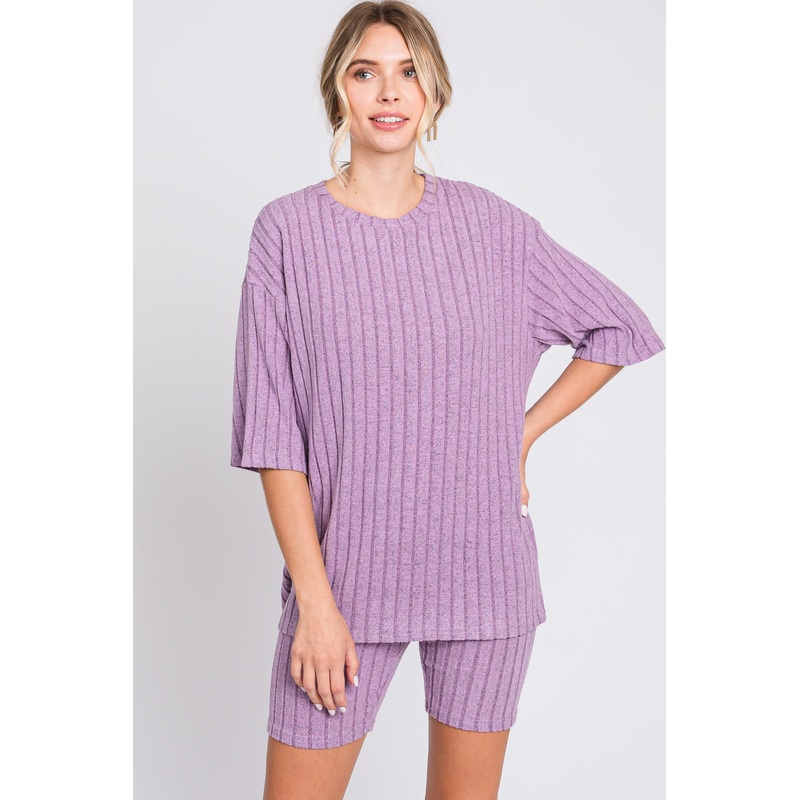 Purple Ribbed Soft Short Sleeve Shorts Set