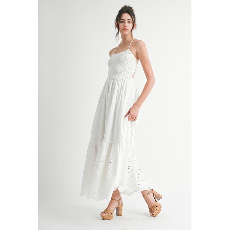 White Smocked Open Back Lace Hem Maxi Dress