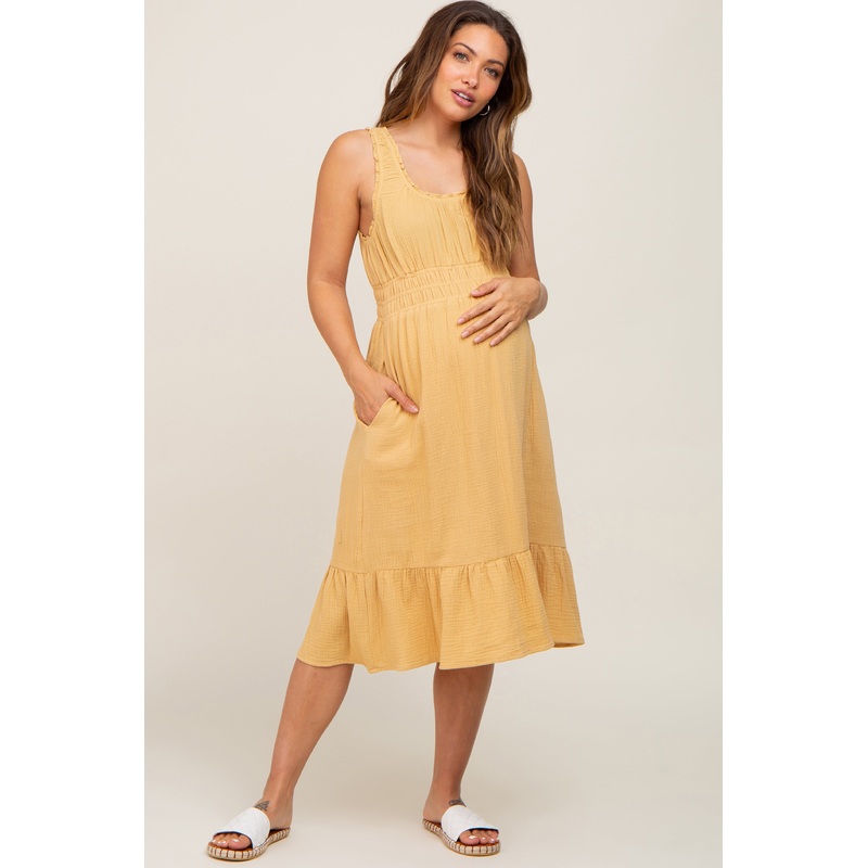 Yellow Gauze Smocked Waist Lettuce Trim Maternity Midi Dress