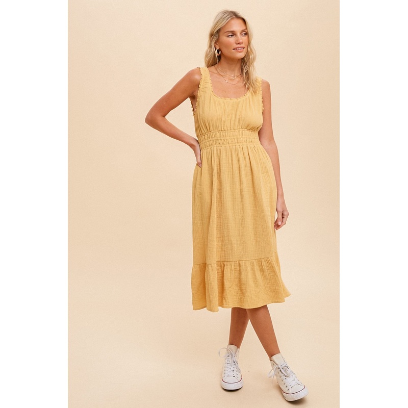 Yellow Gauze Smocked Waist Lettuce Trim Midi Dress